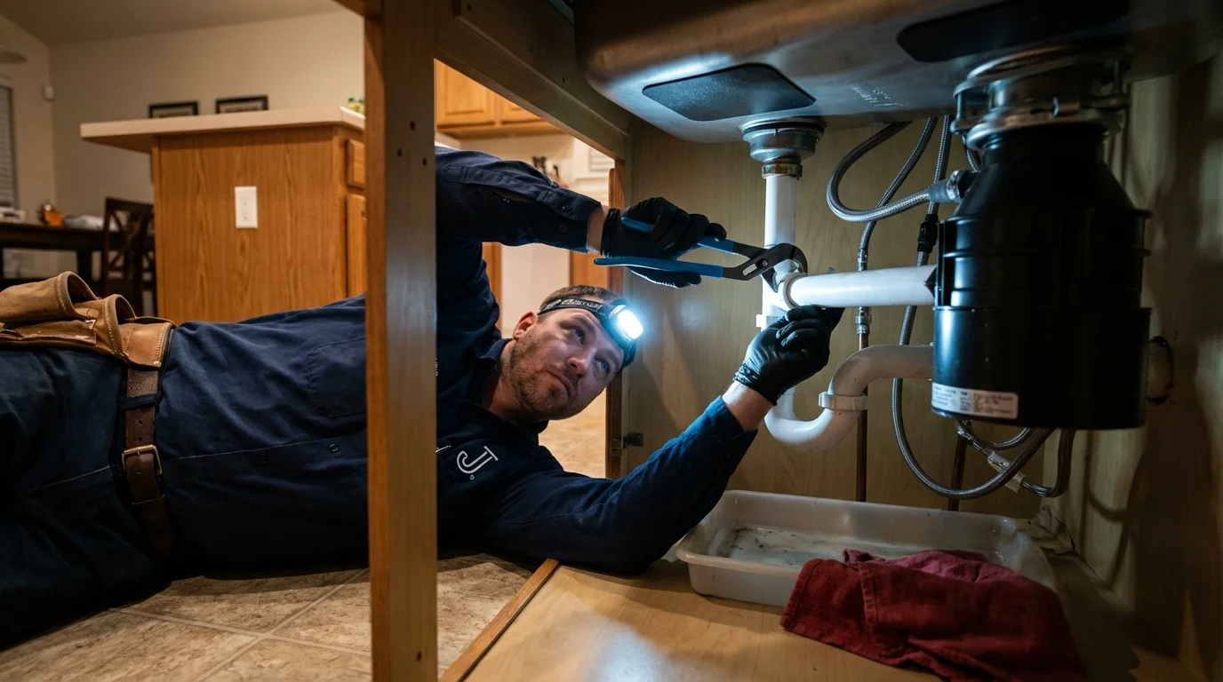 P-trap and supply line connections under a kitchen sink showing a common leak point in Mount Morris, IL